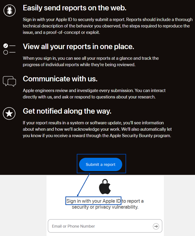 Apple requires a user account to submit a vulnerability report