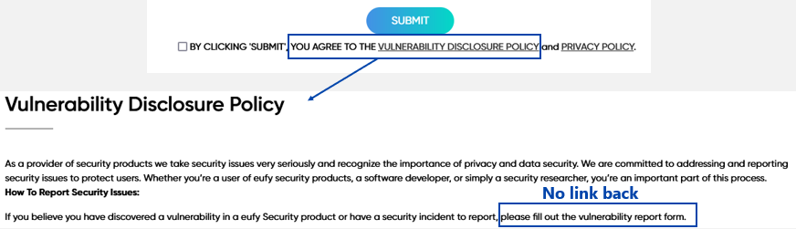 Eufy VDP is accessible from the reporting webform but there is no link to go back