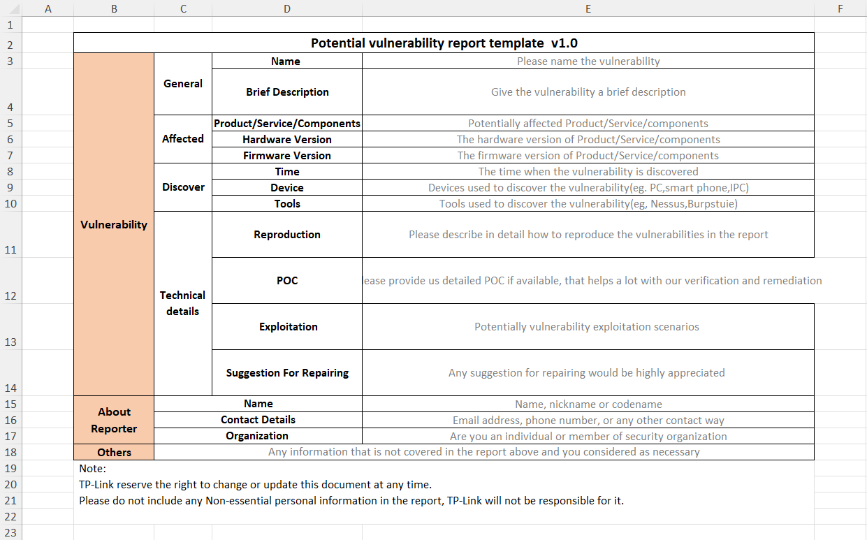 TP-Link reporting template is an Excel spreadsheet with a character limit per cell
