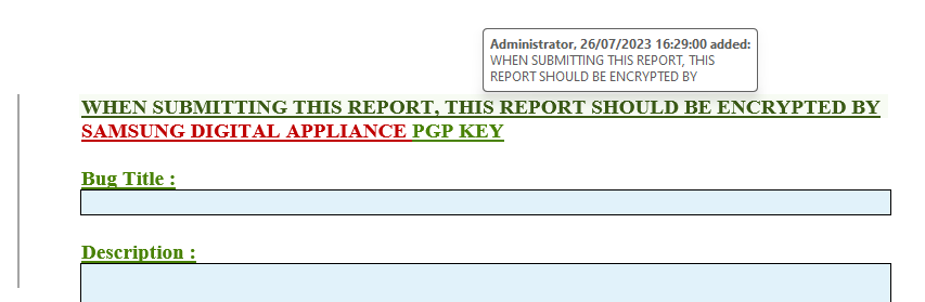Samsung reporting template shows is leaking internal data due to track changes enabled. This could cause further security risks since the editor is &ldquo;Administrator&rdquo;