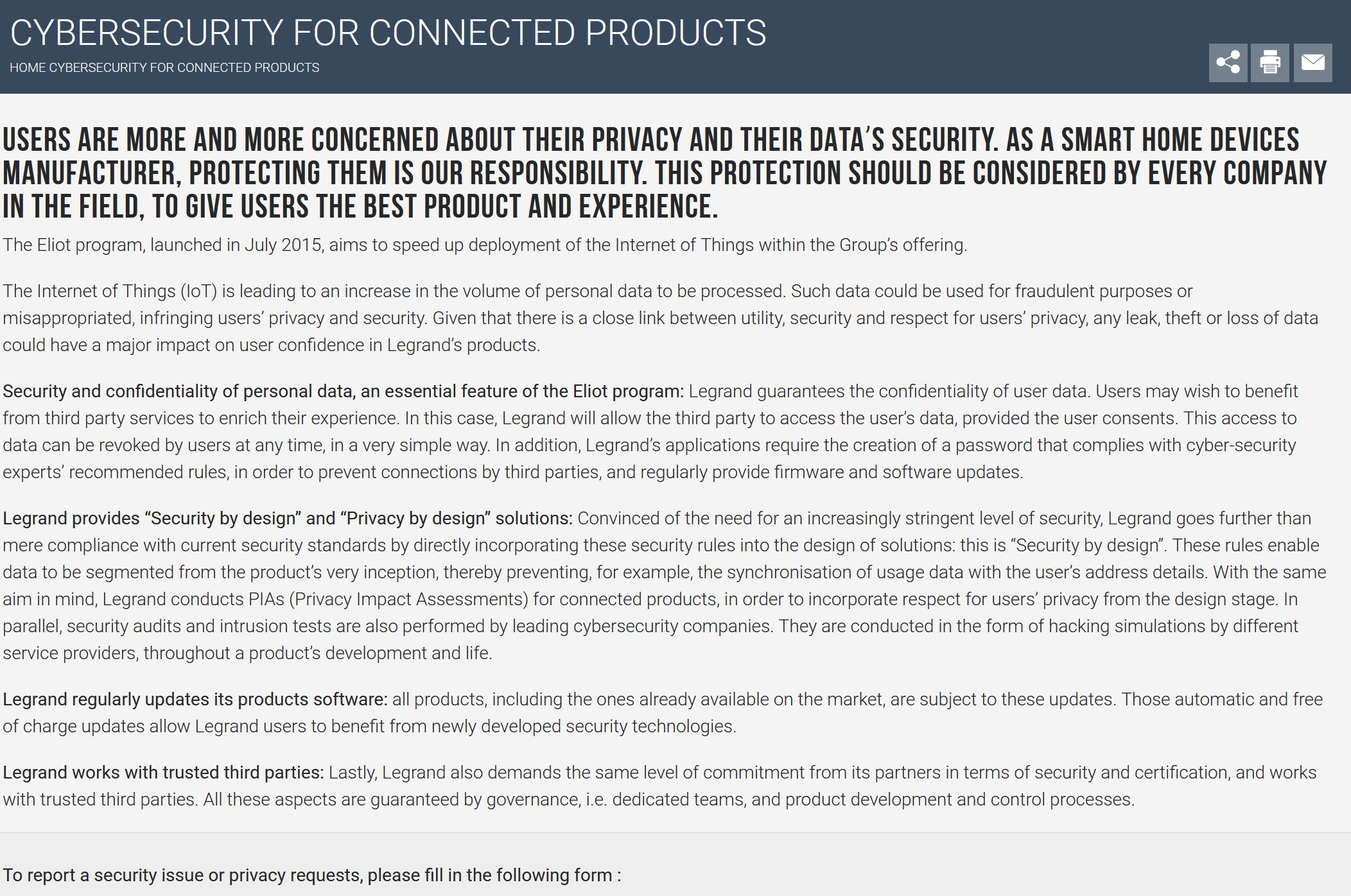 Legrand has a very detailed policy on the corporate website with a reporting webform