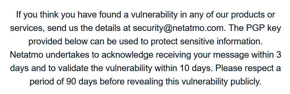 Netatmo policy is less verbose and reporting uses an email with PGP