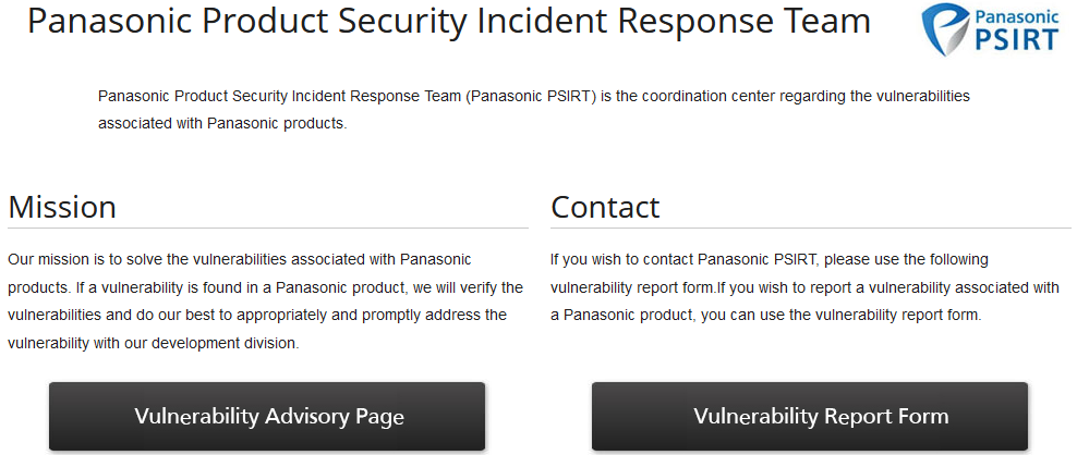 Panasonic PSIRT website can only be discovered with a search engine