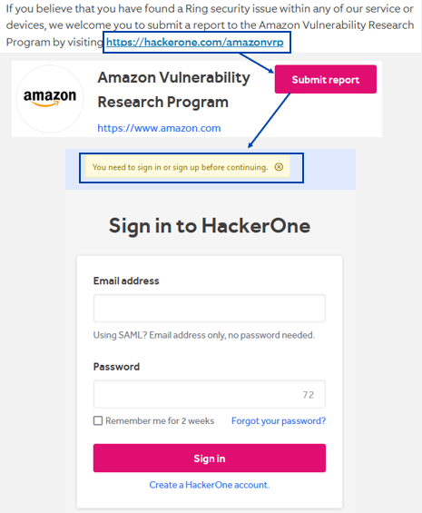 Ring requires a login to report issues via Amazon dedicated page (hosted on HackerOne)