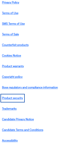 Bose VDP is accessible from the Legal link in the footer menu